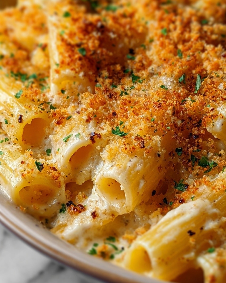 Close-up of baked pasta showing several layers: the base is rigatoni pasta with pale yellow color and ridges, covered in creamy white cheese sauce that fills the pasta tubes partly; on top is a golden brown layer of crispy toasted breadcrumbs with a coarse texture, scattered evenly; small green herb leaves are sprinkled across the surface, adding tiny specks of color; the dish is in a white bowl, with the photo focused tightly on the pasta and breadcrumbs, with a white marbled surface barely visible in the background. photo taken with an iphone --ar 4:5 --v 7