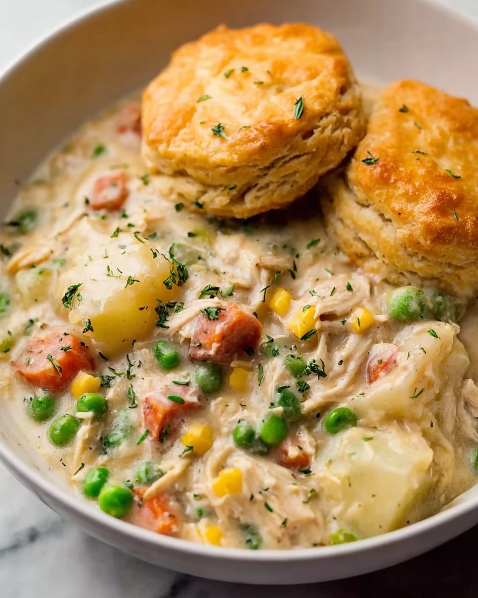 A white bowl holds a creamy chicken pot pie stew with two flaky golden brown biscuits resting on top at the back. The stew has a thick light beige sauce with visible chunks of white potatoes, bright orange carrot pieces, green peas, and yellow corn, mixed with shredded chicken. Small green herb flecks are sprinkled evenly over the stew, adding color contrast. The bowl sits on a white marbled texture. photo taken with an iphone --ar 4:5 --v 7
