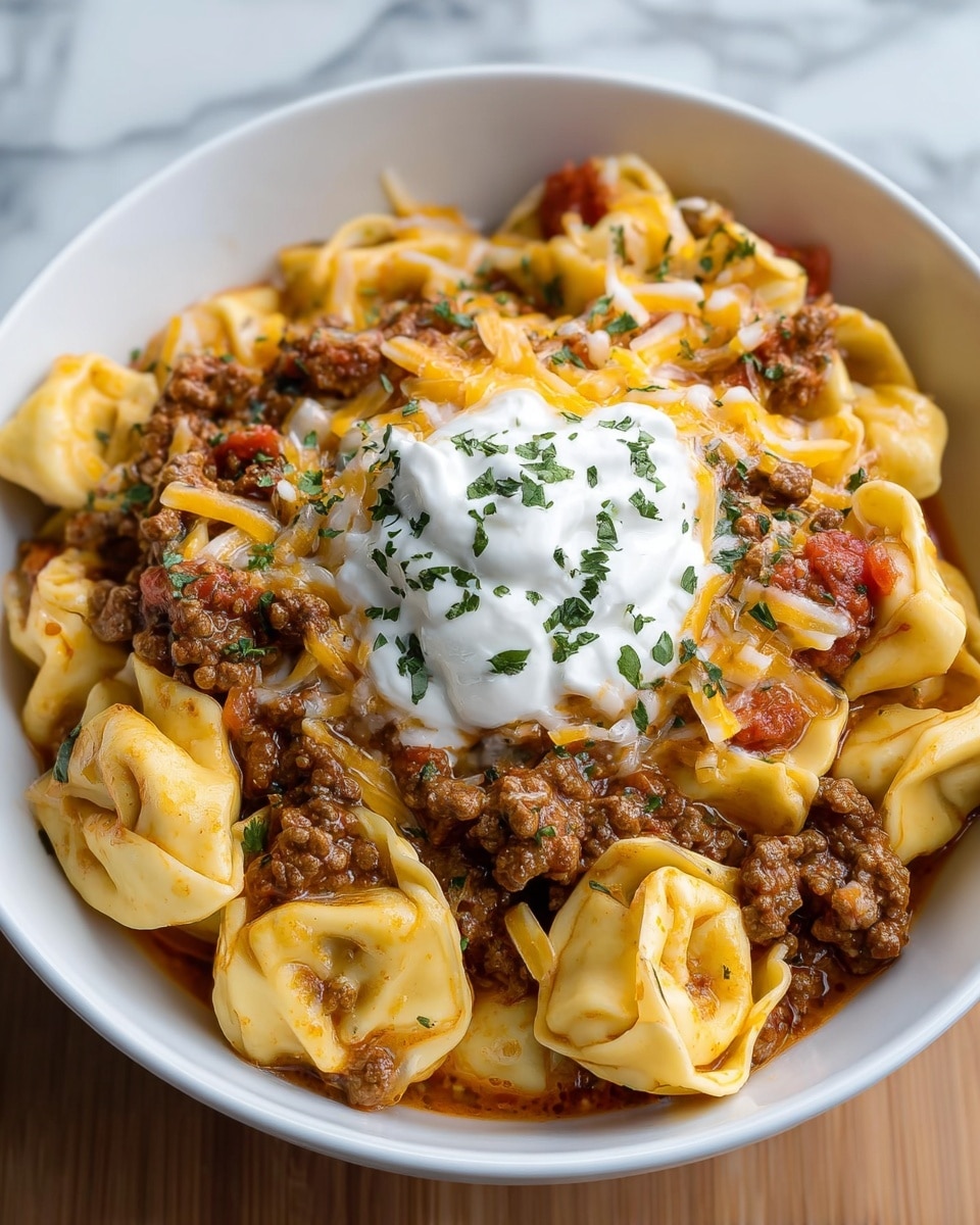 A white bowl filled with about three layers of stuffed tortellini pasta mixed with ground meat that is brown and crumbly, with some small pieces of red tomato sauce visible. The top layer is covered with melted yellow and white shredded cheese that looks gooey and soft. In the center, there is a dollop of thick white sour cream sprinkled with chopped green herbs. The pasta is light yellow with a smooth texture, and you can see a few small brown specks on it. The bowl sits on a surface with a white marbled texture. photo taken with an iphone --ar 4:5 --v 7