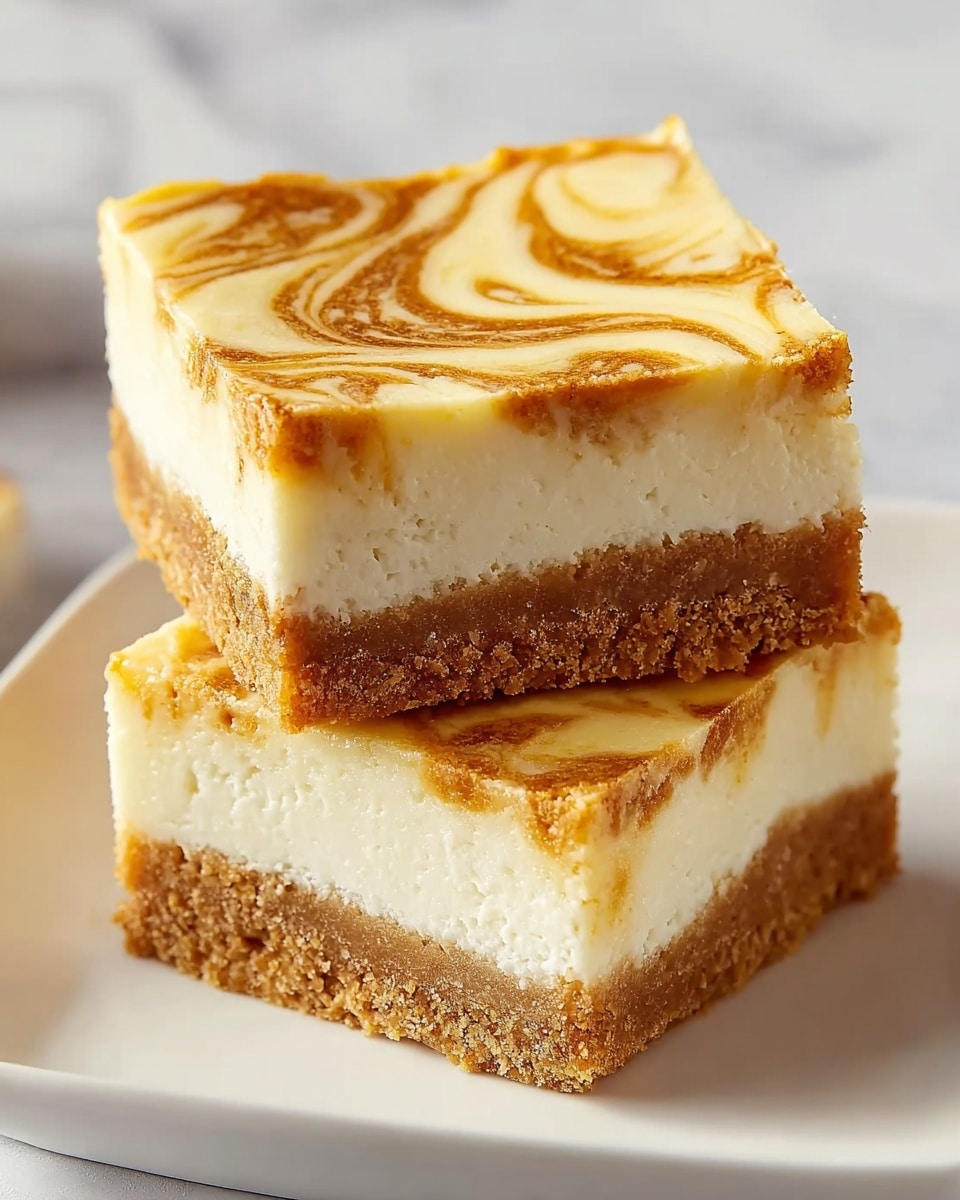 The image shows two square cheesecake bars stacked on a white plate set on a white marbled surface. Each bar has three layers: a thick, crumbly light brown crust at the bottom, a thick creamy white cheesecake middle layer, and a smooth top layer with golden-brown swirls creating a marbled pattern. The texture of the crust looks grainy and firm, the cheesecake has a soft and creamy texture, and the top swirl layer is slightly glossy. The bars are neatly cut with clean edges. photo taken with an iphone --ar 4:5 --v 7