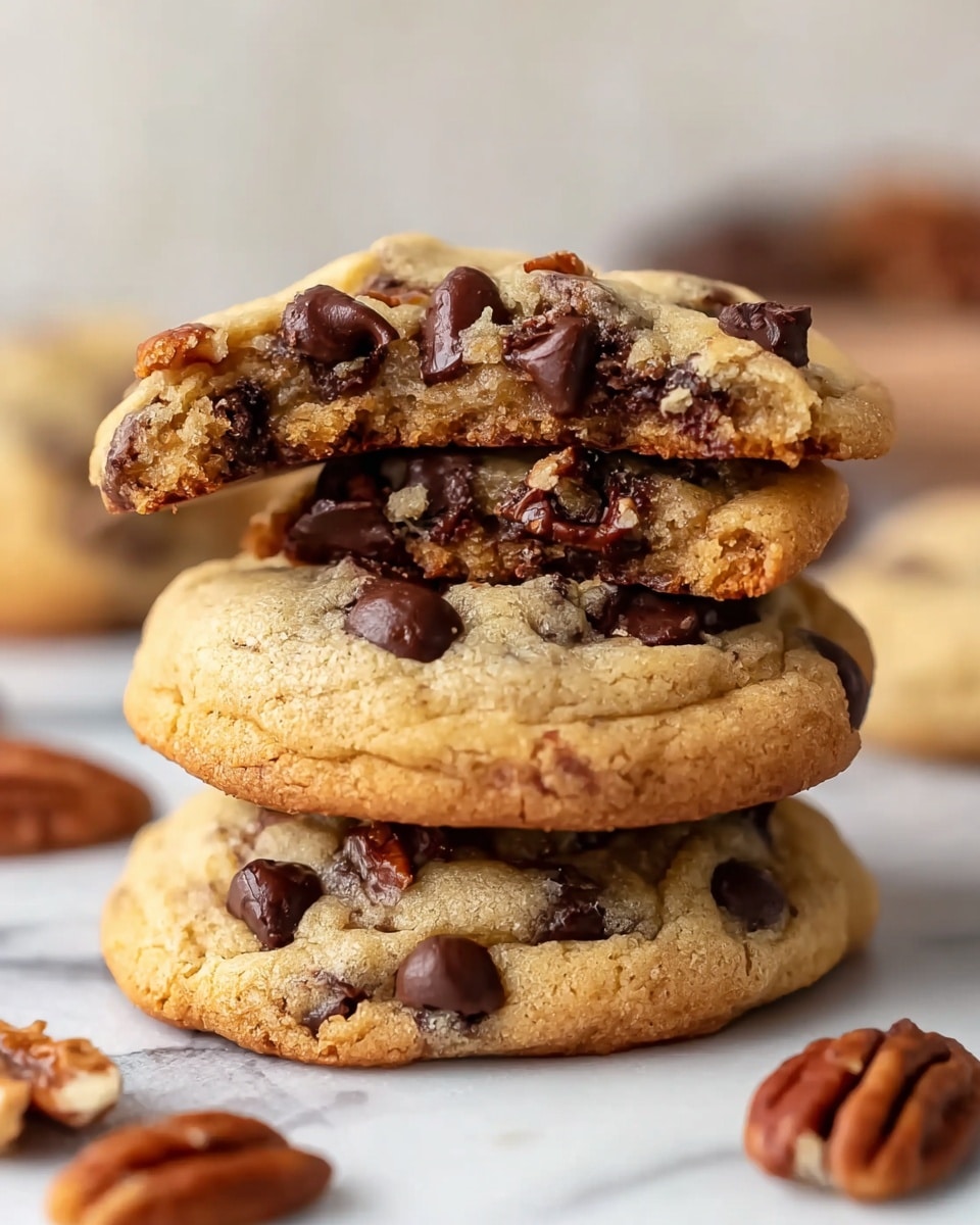 A stack of three soft chocolate chip cookies is shown on a white marbled surface, with the top cookie partially bitten to reveal its chewy inside filled with melted dark chocolate chips and bits of pecans. The cookies have a golden brown color with a slightly crisp edge, and visible chocolate chips spread across each cookie's surface. There are a few whole pecans placed around the base of the stack, adding texture and detail to the scene. photo taken with an iphone --ar 4:5 --v 7