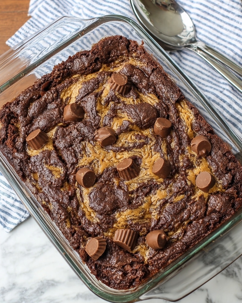 A glass rectangular baking dish filled with a rich, dark brown chocolate brownie layer that has a crackly, textured top. Swirled into the brownie batter are lighter golden brown patches of peanut butter, creating a marbled effect across the surface. On top of the brownie layer, there are scattered milk chocolate chips and mini peanut butter cups, adding glossy, rounded shapes and a mix of light and dark brown colors. The dish is set on a white marbled surface with a white and blue striped cloth and a metal serving spoon nearby. Photo taken with an iphone --ar 4:5 --v 7
