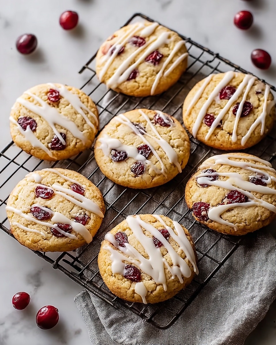 Six round cookies with a light golden brown base, each topped with several dark red cranberries embedded in the dough and white icing drizzled in three thick stripes across the top. The cookies are arranged on a black wire cooling rack that sits on a light gray cloth, with a few loose cranberries scattered around on a white marbled surface. The texture of the cookies looks soft and slightly crumbly with the cranberries adding a glossy contrast, and the icing appears smooth and creamy. Photo taken with an iphone --ar 4:5 --v 7