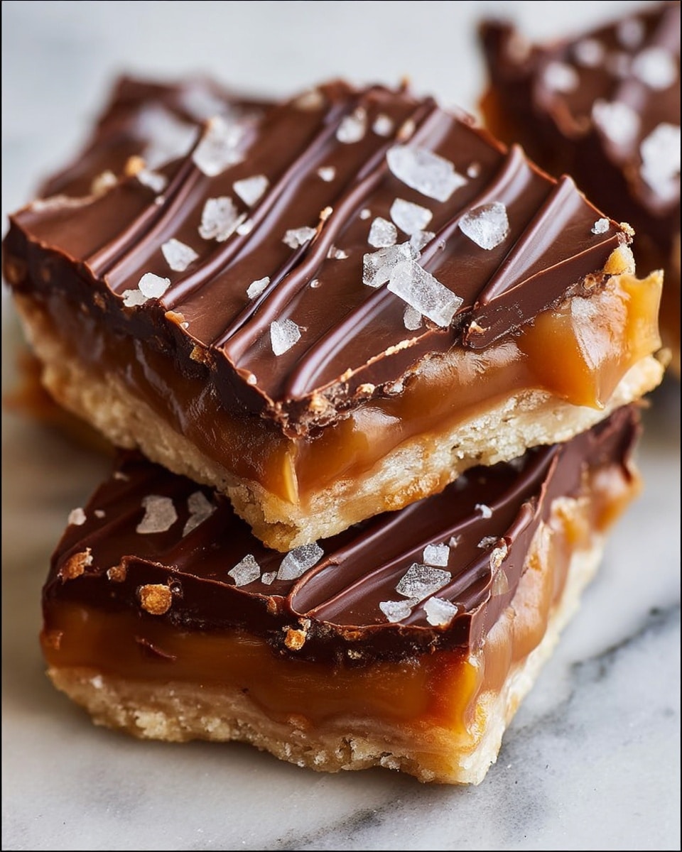 The image shows two pieces of a layered sweet treat stacked on top of each other, placed on a white marbled surface. Each piece has three clear layers: the bottom layer is light beige with a crumbly, biscuit-like texture visible along the edges; the middle layer is a thick, glossy caramel that looks sticky and smooth, oozing slightly out of the edges; the top layer is a shiny chocolate coating with dark chocolate lines drizzled across it diagonally. Large white salt flakes are sprinkled over the top, adding a crunchy contrast. Photo taken with an iphone --ar 4:5 --v 7