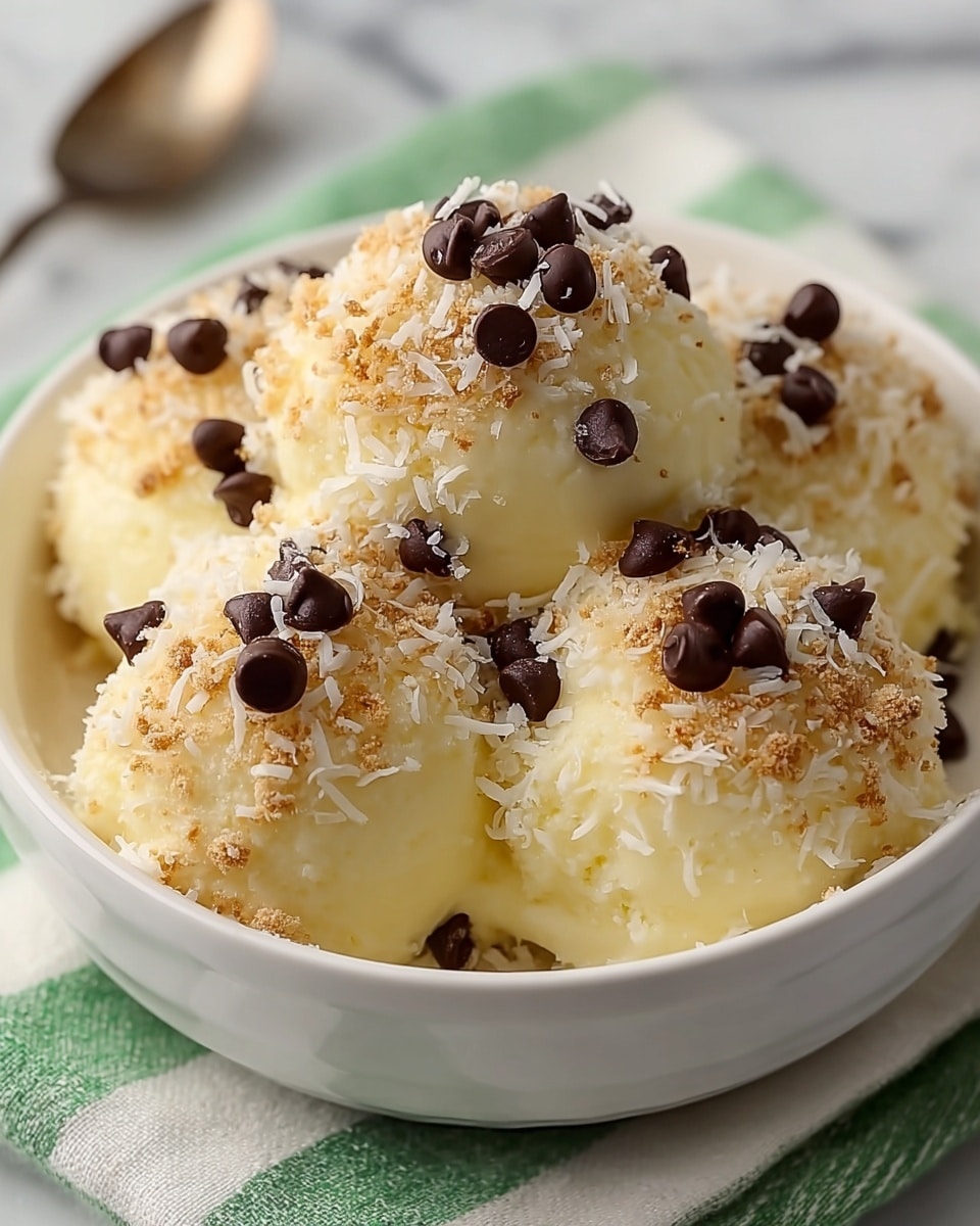 The image shows four scoops of light yellow creamy dessert placed closely inside a white bowl with soft edges. Each scoop is topped with a crumbly light brown layer sprinkled evenly on top. There are white shredded pieces scattered on the crumbs, adding a flaky texture. Dark brown, glossy chocolate chips are placed on the tops and sides of each scoop, adding contrast to the light colors. The bowl rests on a cloth with green and white stripes, all set on a white marbled surface. photo taken with an iphone --ar 4:5 --v 7