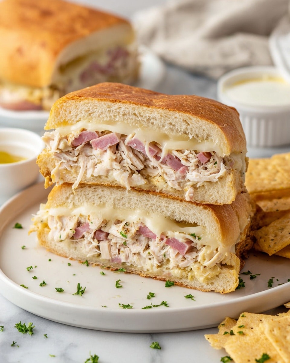 A sandwich is cut in half and stacked on a white plate, showing two thick layers of soft, golden-brown bread. Inside, there are shredded pieces of white chicken and pink slices of ham layered with melted cheese, creating a mix of creamy white and pale pink colors. Small green parsley bits are sprinkled on top of the bread and on the plate. Next to the plate, there are light golden-brown, crispy crackers and two small white bowls with a white creamy sauce and a pale yellow mustard. Everything is placed on a white marbled surface. Photo taken with an iphone --ar 4:5 --v 7