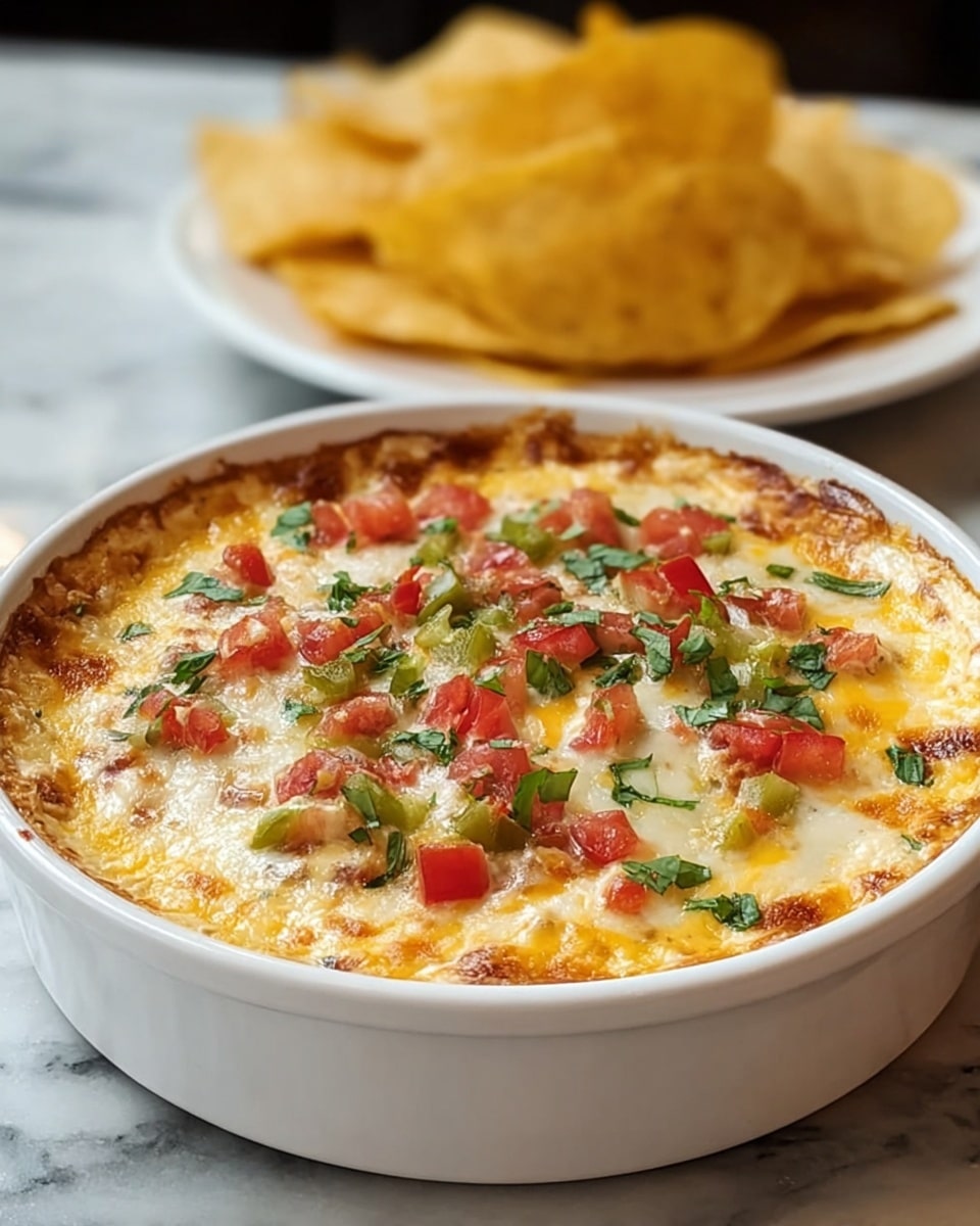 A white round ceramic dish filled with a baked dip that has a golden and light melted cheese layer on top, sprinkled with small diced red tomatoes, green bell peppers, and fresh chopped herbs. The cheese is bubbling slightly around the edges, showing a mix of creamy yellow and white melted textures. In the background, there is a white plate with a stack of yellow tortilla chips, all on a white marbled surface. photo taken with an iphone --ar 4:5 --v 7