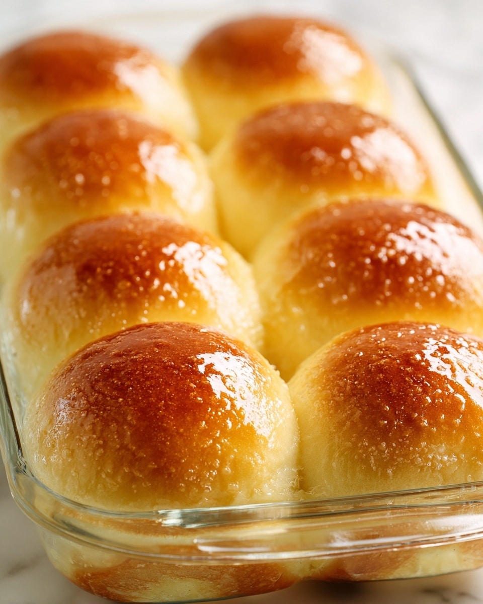 A close-up view of eight shiny, golden-brown dinner rolls arranged in two rows of four inside a clear glass baking dish. The rolls have a glossy top with a slightly uneven texture and a soft, light-yellow base showing at the bottom, touching each other closely. The glass dish sits on a white marbled surface with soft lighting highlighting the warm, freshly baked appearance of the rolls. photo taken with an iphone --ar 4:5 --v 7