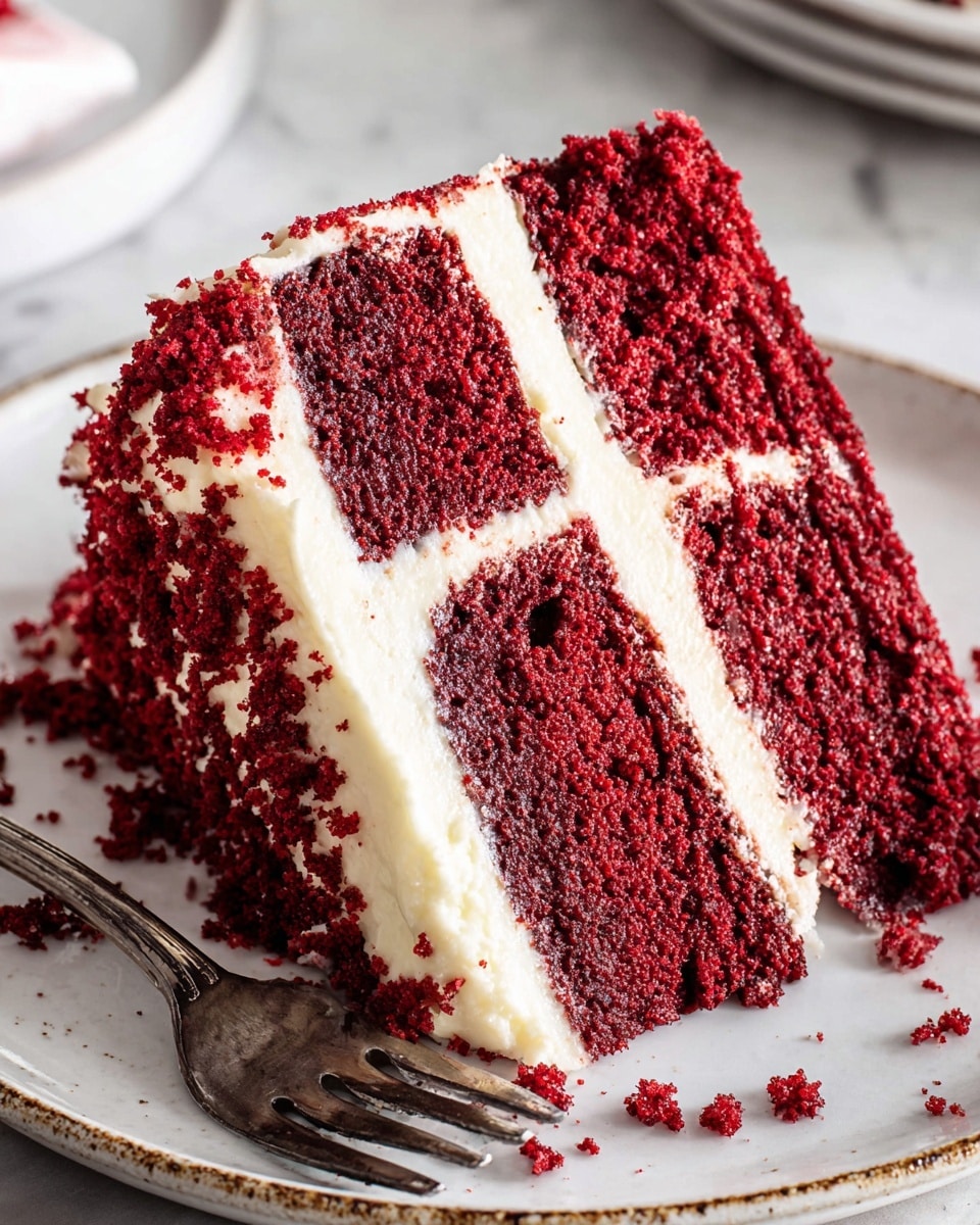 A slice of red velvet cake with three layers of deep red, moist cake separated by two thick layers of creamy white frosting, all topped with a smooth layer of the same frosting and some red crumbs on top and sides. The slice is placed on a white plate with a rustic edge, and a silver fork is resting on the plate next to the cake. The background has a white marbled texture. photo taken with an iphone --ar 4:5 --v 7
