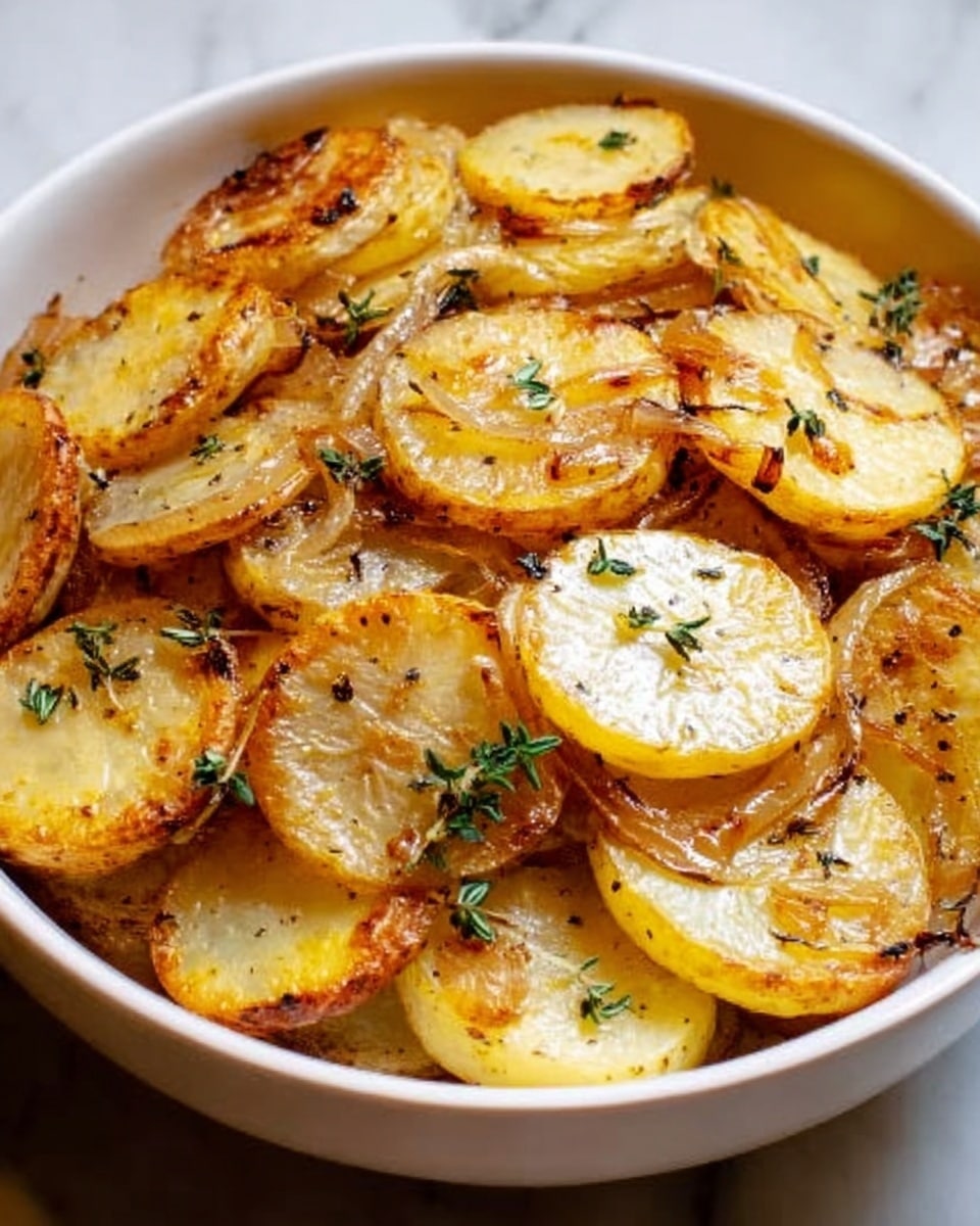 The image shows a white bowl filled with sliced potatoes cooked to a golden brown color. There are about two layers of potato slices, some pieces showing a crispy, browned edge while others are softer with a light yellow color. Thin strips of caramelized onions are spread evenly across the potatoes, adding a light brown shade and soft texture. Small green herb leaves, possibly thyme, are scattered on top for color contrast. The bowl is set on a white marbled surface. Photo taken with an iphone --ar 4:5 --v 7
