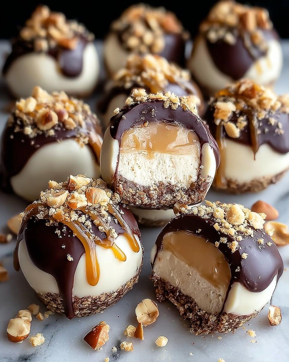 A close-up of creamy white round dessert balls with a rough textured brown base layer and a middle layer of smooth beige cream filling topped with glossy dark brown chocolate coating that drips slightly down the sides, finished with a sprinkle of crushed nuts and golden caramel drizzle on top, all placed closely together on a white marbled surface with some nut pieces scattered around, one dessert ball cut open to show the inside layers. Photo taken with an iphone --ar 4:5 --v 7
