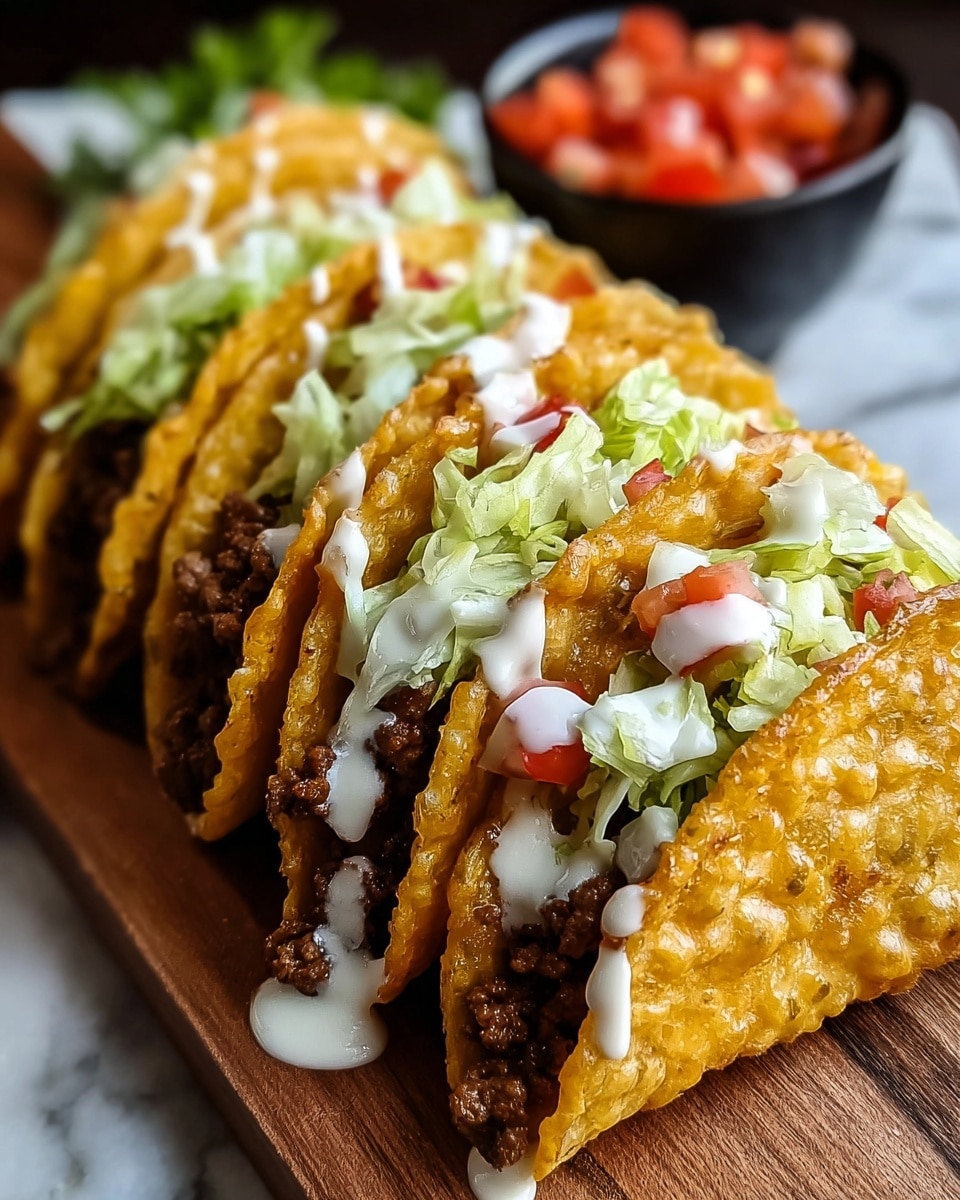 A row of four crispy golden brown tacos is arranged diagonally on a wooden board, each taco shell showing a bubbly, crunchy texture. Inside each shell, there is a layer of finely cooked dark brown ground beef filling the bottom half. On top of the beef, there is a layer of shredded light green lettuce mixed with small chopped red tomato pieces. White creamy sauce is drizzled over the lettuce and also drips down the front of the first taco. In the background, a small black bowl with diced red tomatoes is slightly blurred, set against a white marbled surface. photo taken with an iphone --ar 4:5 --v 7