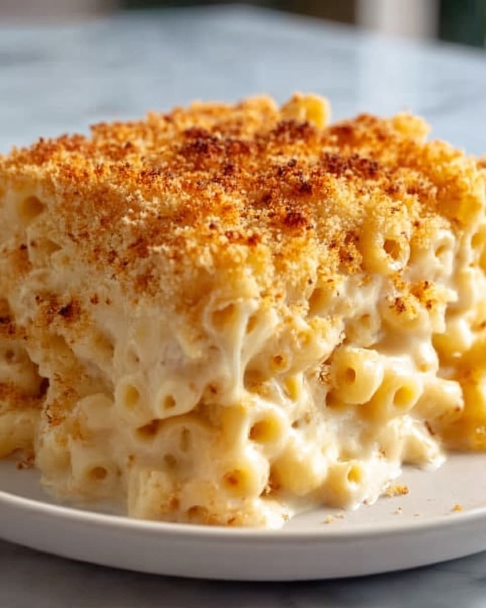 A close-up view of a creamy macaroni and cheese square on a white plate, showing three layers: the bottom layer is pale yellow cooked elbow macaroni, the middle layer is thick, melted cheese sauce with a smooth texture, and the top layer is a golden brown, crispy breadcrumb crust covering the macaroni. The cheese sauce oozes slightly around the edges, with a rich and gooey look. The plate sits on a white marbled surface, and soft natural light highlights the textures and colors. Photo taken with an iphone --ar 4:5 --v 7