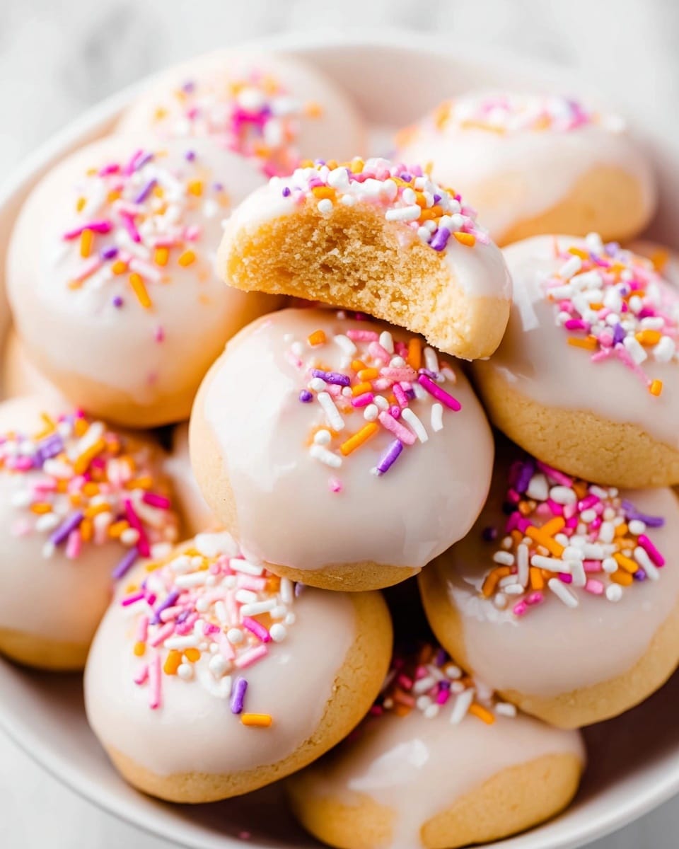 A pile of small round cookies with one layer, each covered in smooth white icing with a shiny, slightly glossy texture. On top of each cookie, colorful sprinkles in pink, yellow, orange, white, purple, and red are scattered randomly. One cookie is bitten, showing a light tan, soft crumbly inside texture. The cookies sit closely together in a white bowl on a white marbled surface. photo taken with an iphone --ar 4:5 --v 7