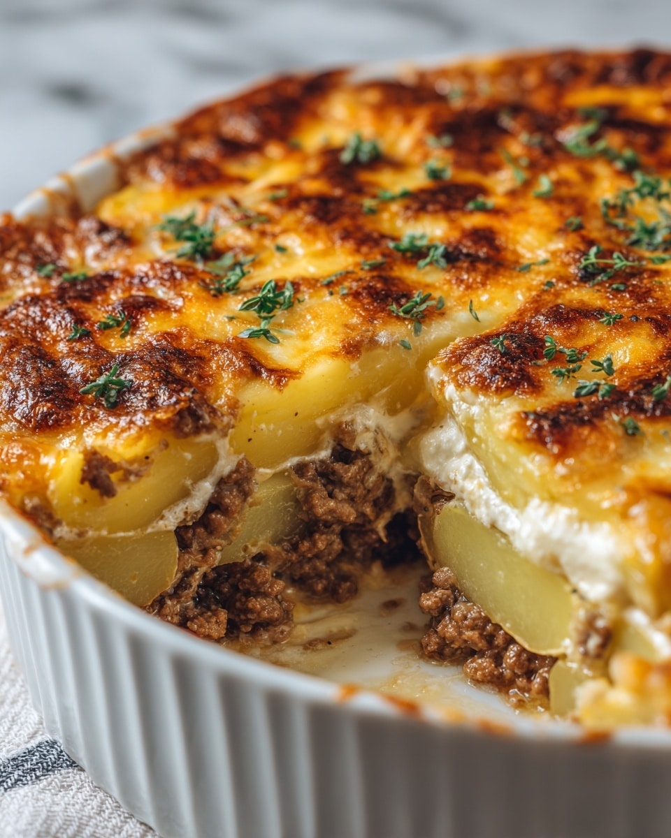 A close-up of a layered dish in a white round baking dish on white marbled texture, showing a golden-brown crust on top with bubbly melted cheese and small green herb leaves scattered over it. The dish has at least 4 visible layers: the top layer is browned cheese with some crispy spots, below it there is a creamy white sauce, then a layer of thinly sliced pale yellow potatoes, followed by a layer of cooked ground beef with a crumbly texture, and underneath in the corner more potato slices are visible. The slice taken out reveals the thickness and texture of each layer clearly, with the melted cheese stretching slightly. photo taken with an iphone --ar 4:5 --v 7
