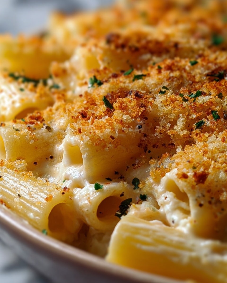 A close-up view of baked pasta shows three layers: the bottom layer is the rigatoni pasta with a pale yellow color and ridged texture, the middle layer is a creamy white cheese sauce coating the pasta thickly, and the top layer is golden brown crispy breadcrumbs sprinkled evenly, with small green herb pieces scattered on top. The dish is served in a white bowl, and the soft lighting highlights the creamy sauce and crunchy topping against a white marbled surface. Photo taken with an iphone --ar 4:5 --v 7