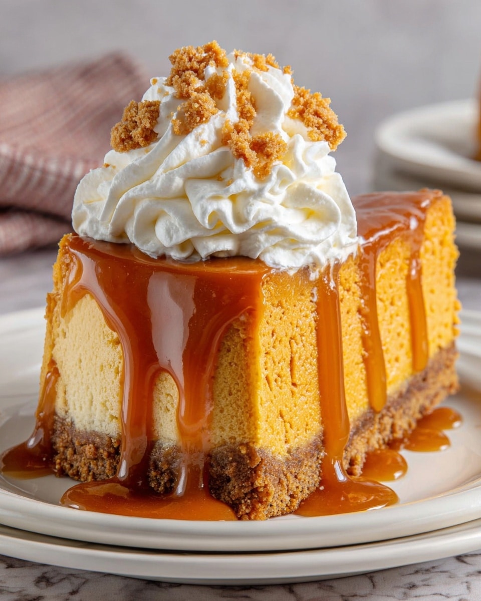 A thick slice of pumpkin cheesecake sits on a white plate with a crumbly brown crust at the bottom as the first layer, a dense and creamy orange pumpkin filling as the second layer, and glossy caramel sauce dripping down the sides from the top. On top, there is a fluffy swirl of white whipped cream sprinkled with small bits of brown crumbs. The plate is placed on a white marbled textured surface. photo taken with an iphone --ar 4:5 --v 7