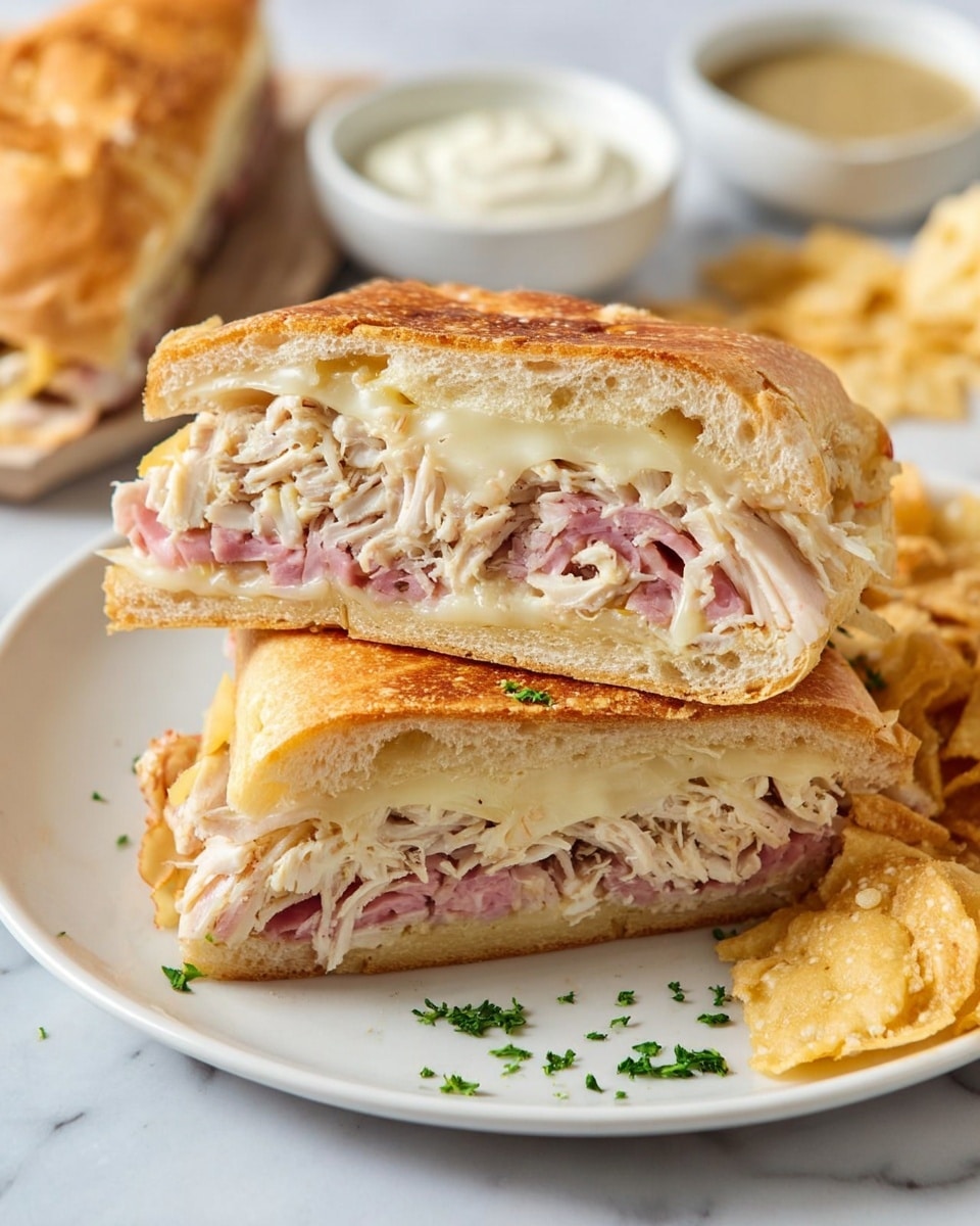 Two pieces of a stuffed bread roll are stacked on a white plate, both cut to show the inside. The bread’s outer layer is golden brown and soft. Inside, there are three clear layers: a bottom layer of shredded light brown chicken, a middle layer of thin pink ham slices, and a top layer of melted light yellow cheese. Small green herb pieces are sprinkled on and around the bread. On the side of the plate are some beige crispy chips. The background is a white marbled texture with blurred small bowls of sauces in white dishes. Photo taken with an iphone --ar 4:5 --v 7