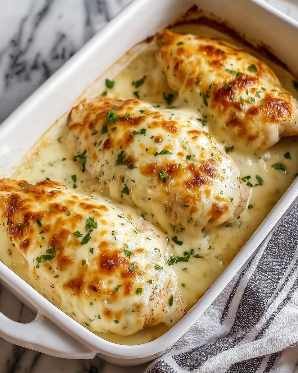The image shows three large chicken breasts in a white rectangular baking dish. Each chicken breast is covered with a thick layer of melted, golden-brown cheese with some toasted spots. The cheese layer looks smooth and creamy, spread evenly over the chicken. There are small green herb pieces sprinkled on top, adding a bit of color. The dish is resting on a white marbled surface, and part of a gray and white striped cloth is visible nearby. Photo taken with an iphone --ar 4:5 --v 7