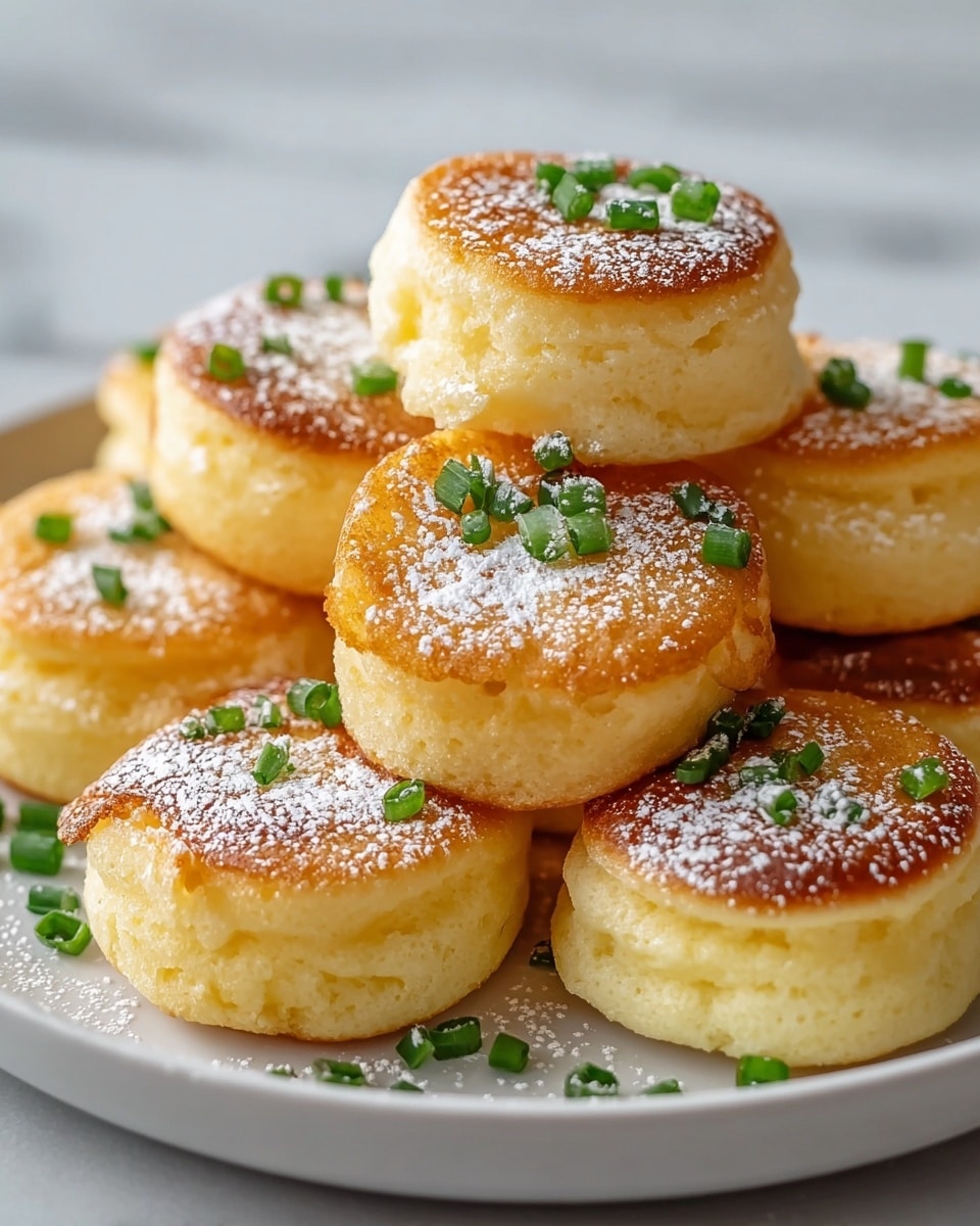 A white shallow bowl holds a stack of small, round, golden-brown mini pancakes, each about one or two layers thick with a fluffy texture. The pancakes have a lightly toasted top with a dusting of powdered sugar, giving a soft white powdery look on the golden surface. Small pieces of chopped green onions are scattered on top and around the pancakes, adding bright green color spots. The setting includes a white marbled texture under the bowl, enhancing the fresh and clean presentation. photo taken with an iphone --ar 4:5 --v 7