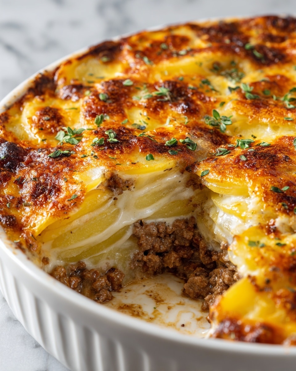 The image shows a white round dish filled with a layered casserole, with one slice removed revealing its inside layers. The casserole has three main layers: the bottom layer is light brown cooked ground meat, the middle layer is made of thick pale yellow potato slices, and the top layer is a golden browned baked cheese crust with spots of darker toasted areas. The surface of the crust is slightly textured and sprinkled with small green herb leaves. The white marbled textured surface underneath the dish is visible in the background. photo taken with an iphone --ar 4:5 --v 7