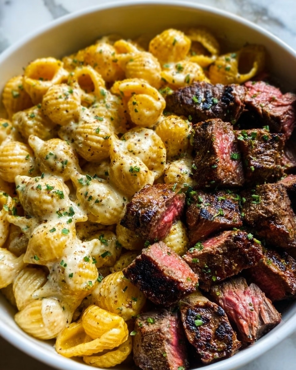 The image shows a white rectangular dish filled with creamy macaroni pasta on one side and pieces of grilled steak on the other side. The pasta is large shell-shaped, covered in a smooth, creamy cheese sauce with a slightly yellow color, sprinkled with green herbs. The steak pieces are dark brown with a grilled texture, showing some pink inside, and are scattered with small bits of seasoning and herbs. The dish sits on a white marbled surface. photo taken with an iphone --ar 4:5 --v 7