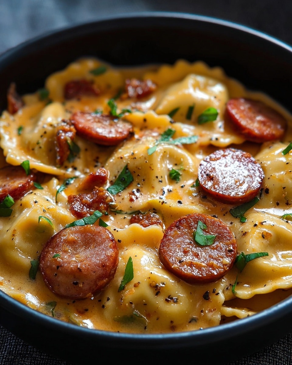 A close-up image showing one layer of stuffed ravioli with a light golden color and slightly browned spots, mixed with round slices of reddish-brown sausage, all coated in a creamy beige sauce. The dish is garnished with small green herb pieces scattered evenly on top, creating a fresh contrast. The food is served inside a black bowl on a white marbled texture surface. photo taken with an iphone --ar 4:5 --v 7