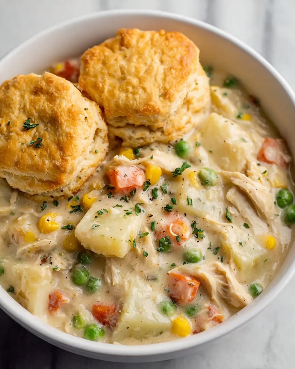 A white bowl filled with creamy chicken and vegetable stew, showing visible chunks of white chicken, bright green peas, orange carrot cubes, yellow corn, and small pieces of pale potato, all mixed in a thick, light beige sauce, topped with finely chopped green herbs. On top of the stew are two large, golden brown biscuits with a crumbly texture. The bowl sits on a white marbled surface. Photo taken with an iphone --ar 4:5 --v 7