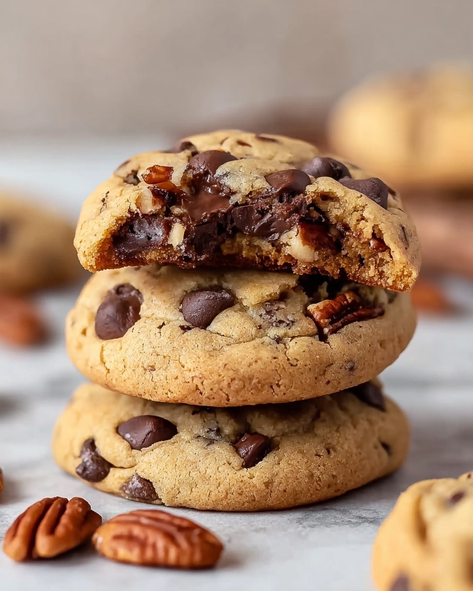 A stack of three soft chocolate chip cookies with pecans is shown on a white marbled surface. The bottom two cookies are whole with a golden-brown color and visible dark chocolate chips and pecan pieces. The top cookie has a bite taken out of it, revealing a chewy inside filled with melted chocolate chips and crunchy pecan bits. Around the stack, a few whole pecan nuts lie scattered on the surface. The cookies have a slightly cracked texture and look fresh and homemade. Photo taken with an iphone --ar 4:5 --v 7