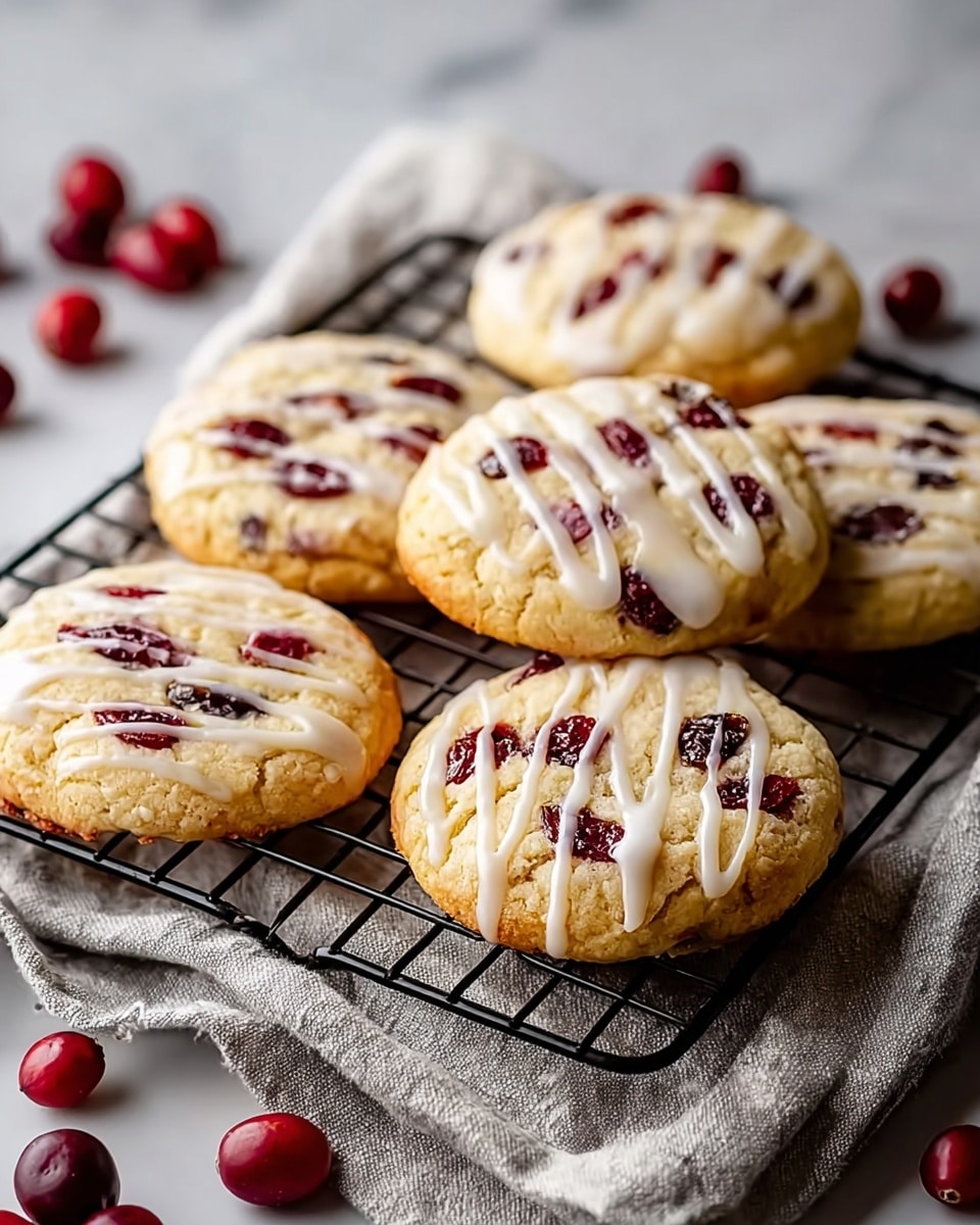 Six round cookies with a golden-brown base are placed on a black wire cooling rack. Each cookie has scattered red cranberries embedded into the dough and is topped with three uneven lines of white icing. The cookies rest on a white marbled surface with a beige cloth partly under the rack. Around the rack and on the surface are several loose dark red cranberries. The photo taken with an iphone --ar 4:5 --v 7
