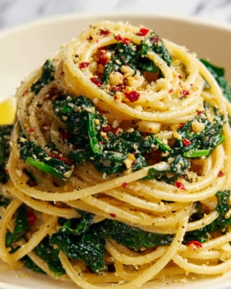 A close-up of a white plate filled with spaghetti pasta mixed with sautéed dark green spinach leaves, sprinkled evenly with small pieces of light brown garlic and crushed red pepper flakes. The spaghetti strands are glossy with a light sauce, twirled loosely and layered naturally with spinach throughout, showing some steam rising from the dish. The white plate rests on a white marbled surface, and a woman's hand is gently touching the plate edge. Photo taken with an iphone --ar 4:5 --v 7