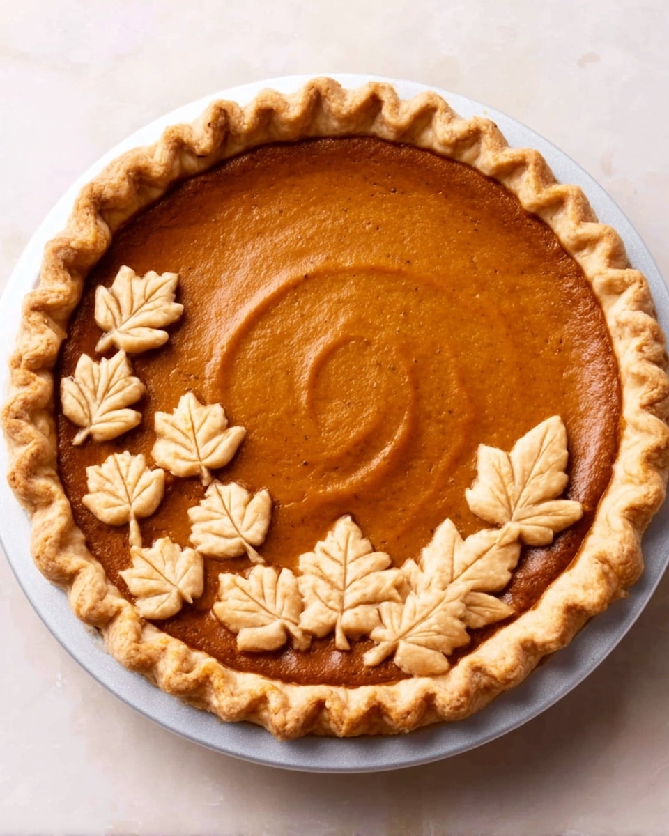 A round pumpkin pie with a golden-brown crust, its edge crimped in a neat wavy pattern. The pie filling is smooth and rich orange-brown, covering the entire surface evenly. On the top right side, there are nine small decorative leaf shapes made from the same dough as the crust, arranged in a curved line from the top edge towards the center of the pie. The pie is in a white round pie dish, all set on a white marbled surface. Photo taken with an iphone --ar 4:5 --v 7