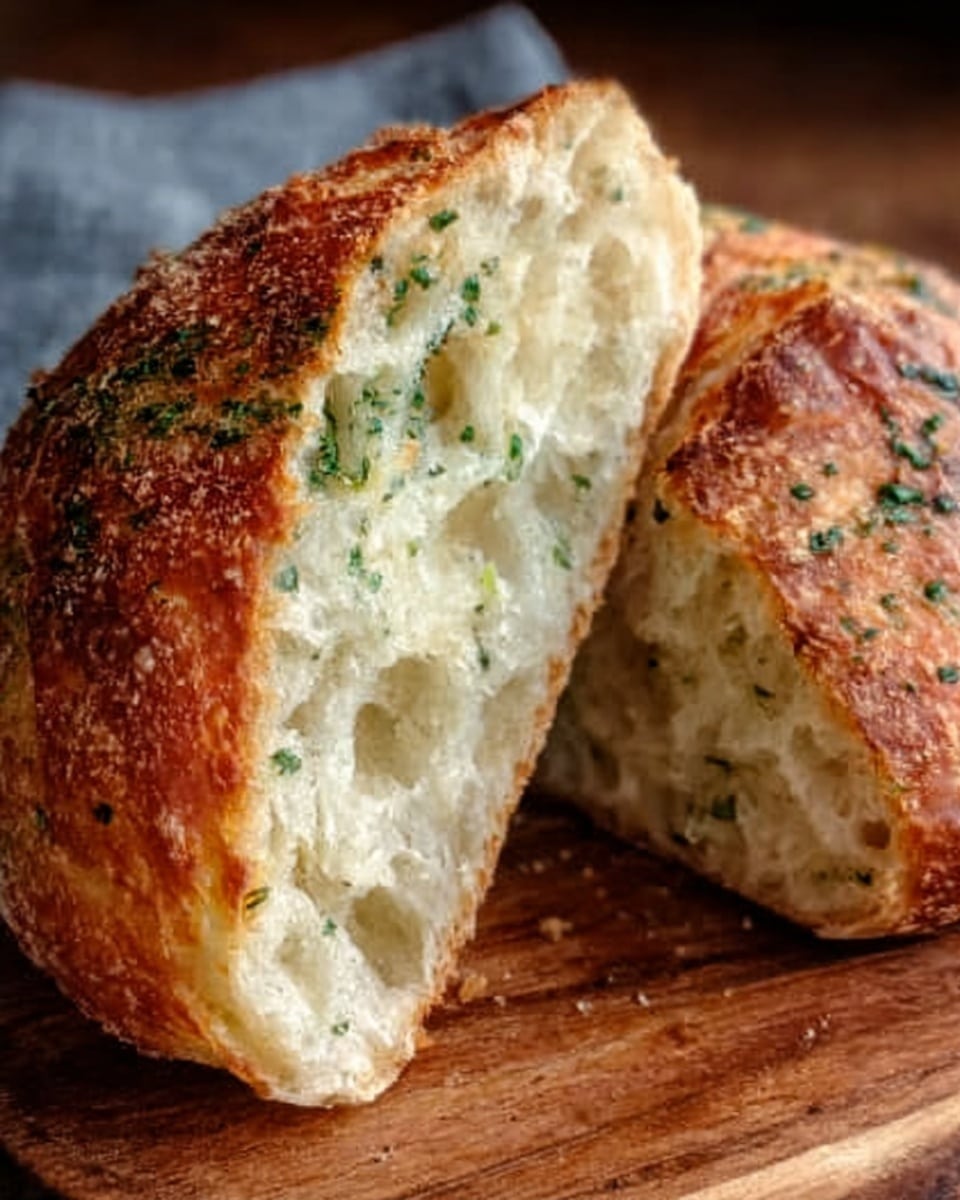 The image shows a close-up of a round, crusty bread with a golden brown outside and green herbs sprinkled on top. The bread is cut in half, revealing a soft, airy inside with lots of holes and bits of herbs visible. The bread is placed directly on a wooden table with warm light highlighting the different textures of the crust and the soft inside. Photo taken with an iphone --ar 4:5 --v 7