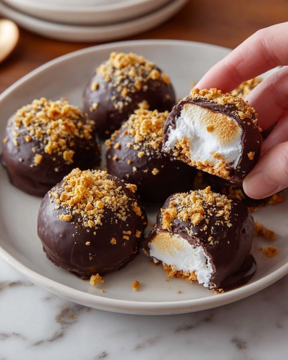 There are six round chocolate-covered treats on a white plate, each topped with crunchy light brown crumbs. The outer layer is smooth, shiny dark chocolate. One treat is cut open showing a thick, fluffy white marshmallow inside, with a small amount of crumbs on top and a thin chocolate shell. A woman's hand is gently holding one of the treats on the right side. The plate sits on a white marbled surface. photo taken with an iphone --ar 4:5 --v 7