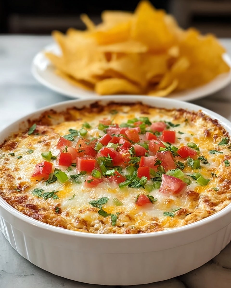 A white round baking dish filled with a layered dip starting with a base covered in melted yellow and white cheese, topped with small diced bright red tomatoes, green bell peppers, and sprinkled fresh green herbs. The dip has a gooey and smooth texture with a golden slightly browned edge visible on top. In the background, there is a stack of yellow tortilla chips on a white marbled surface. Photo taken with an iphone --ar 4:5 --v 7