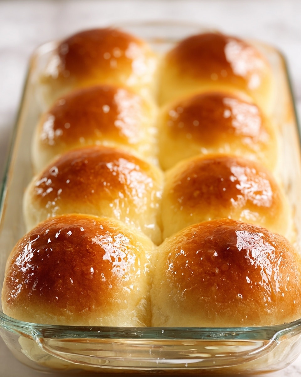 The image shows a clear glass baking dish filled with eight golden brown bread rolls arranged in two rows of four. Each roll has a shiny, smooth top with a slightly glossy glaze that catches the light, creating small drops of moisture on the surface. The sides of the rolls are pale and fluffy, contrasting with the richly browned tops. The glass dish is set on a white marbled surface that adds a clean and soft background to the warm, freshly baked rolls. Photo taken with an iphone --ar 4:5 --v 7