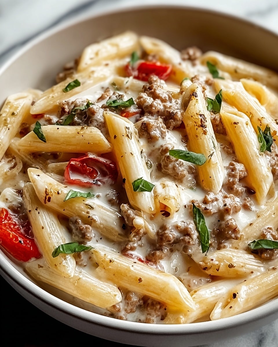 A close-up view of a creamy pasta dish served in a white bowl with a black rim, resting on a white marbled surface with a gray cloth underneath. The dish shows about three layers: a base layer of creamy white sauce thickly coating the penne pasta, which is pale yellow and slightly shiny; a middle layer of small crumbled browned ground meat pieces evenly spread; and small pieces of red tomato scattered throughout. Fresh green herb bits are sprinkled on top, adding contrast. The textures range from smooth sauce to firm pasta and crumbly meat. photo taken with an iphone --ar 4:5 --v 7