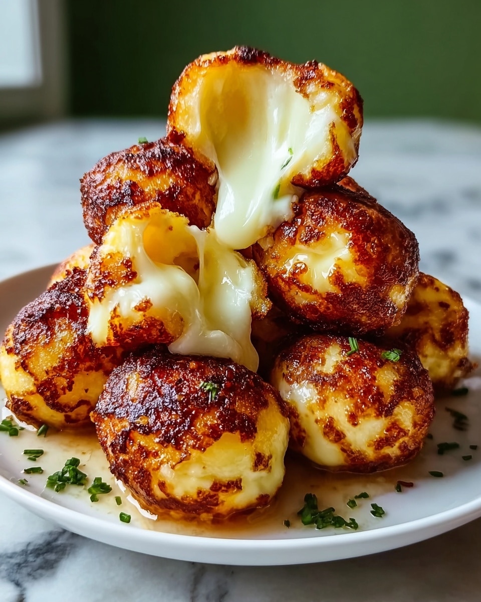 A stack of round, golden-brown cheese balls is placed on a white plate with a textured rim, set on a white marbled surface. Each cheese ball has a crispy, slightly charred outer layer with varying shades of golden and dark brown. The top cheese ball is broken open, revealing a smooth, creamy, melted white cheese inside that looks soft and gooey. The cheese balls are arranged in a pile, showcasing their textured, crispy skins and soft interiors. Photo taken with an iphone --ar 4:5 --v 7
