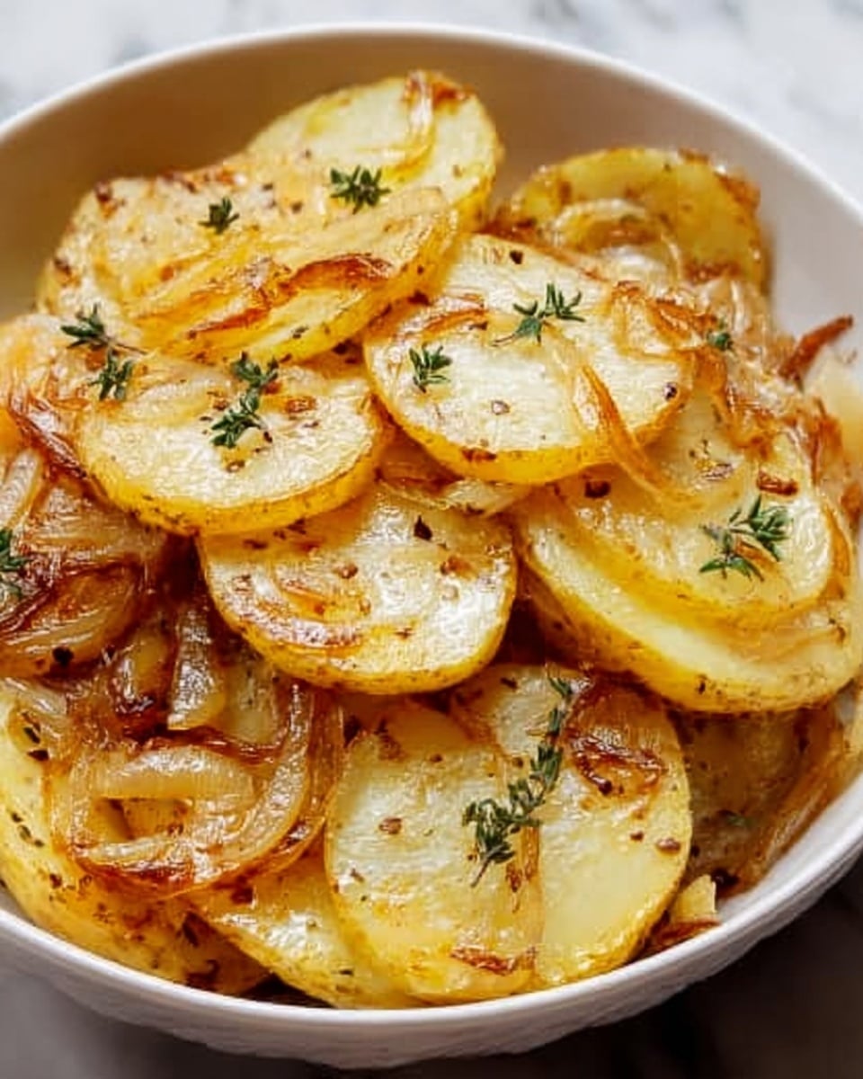 The image shows a white bowl filled with cooked sliced potatoes in about two layers. The potato slices have a golden-brown color with some pieces showing a light yellow inside, and a few slices have a charred edge. On top and scattered among the potatoes are small bits of herbs, mainly green thyme leaves, and some black pepper specks. The bowl is set on a white marbled surface, adding a clean and bright background to the dish. photo taken with an iphone --ar 4:5 --v 7