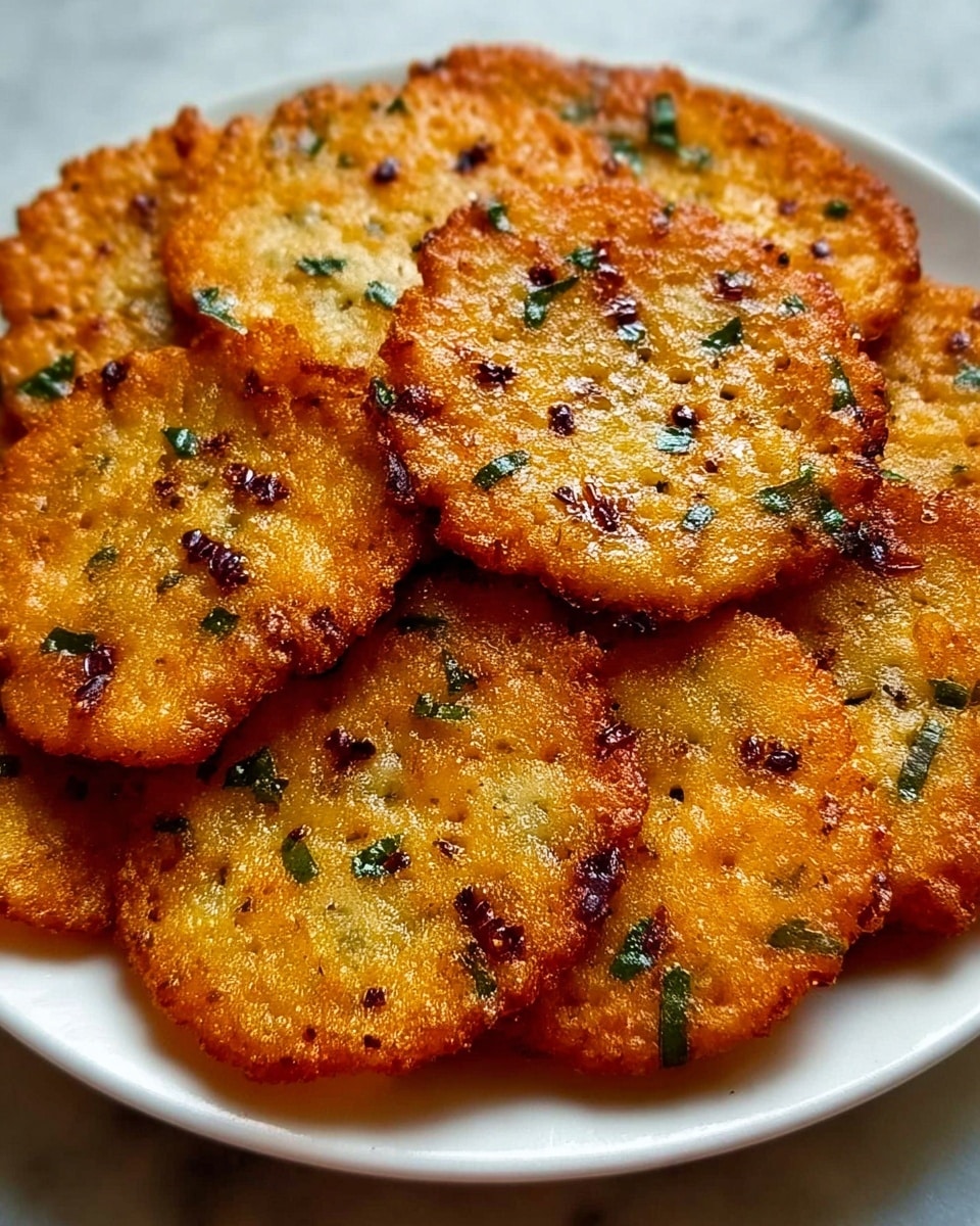 A white plate holds about ten round, flat fritters stacked and slightly overlapping each other. Each fritter has a golden-brown, crispy outer edge with a textured surface showing small bits of green herbs and dark brown fried spices scattered across. The fritters have a shiny, oily look with uneven, rough edges and tiny holes, giving a crunchy appearance. The background is a white marbled texture. photo taken with an iphone --ar 4:5 --v 7