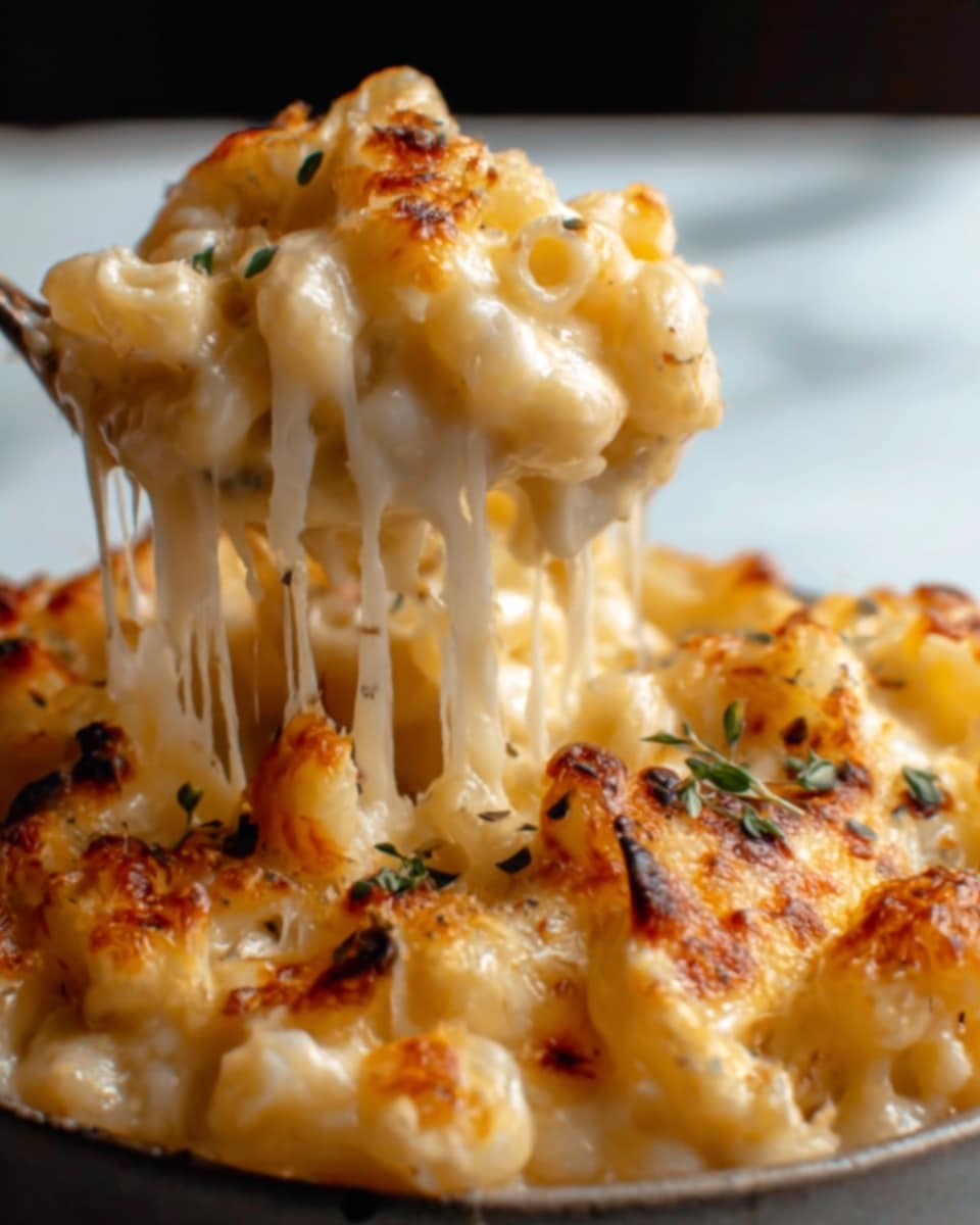 The image shows a close-up of creamy macaroni and cheese with melted cheese stretching as a woman's hand lifts a portion from a white bowl. The macaroni noodles are coated in a rich, golden-yellow cheese sauce, with a slightly browned and bubbly cheese layer on top mixed with small green herb bits. The texture looks smooth and gooey, highlighting the melted cheese strands pulling away. The background is a white marbled texture, giving a clean and bright look. Photo taken with an iphone --ar 4:5 --v 7