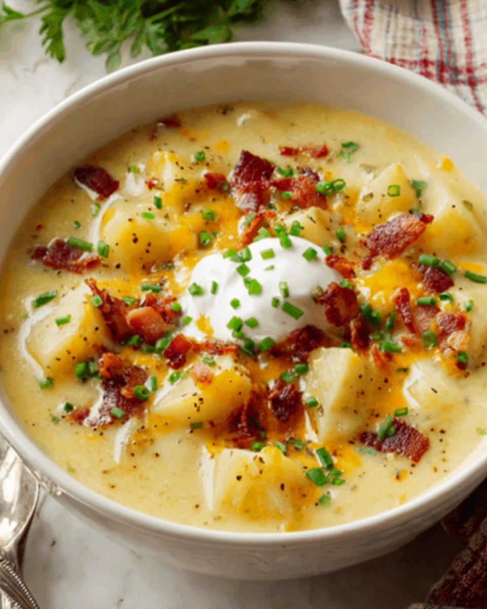 A white bowl filled with thick creamy potato soup that has visible chunks of soft yellow potatoes throughout. On top, there is a layer of melted light orange cheddar cheese, scattered small pieces of crispy brown bacon, and finely chopped green chives. In the center, a dollop of white sour cream sits slightly melted into the soup. The bowl is placed on a red and white checkered cloth, all set on a white marbled surface. Photo taken with an iphone --ar 4:5 --v 7
