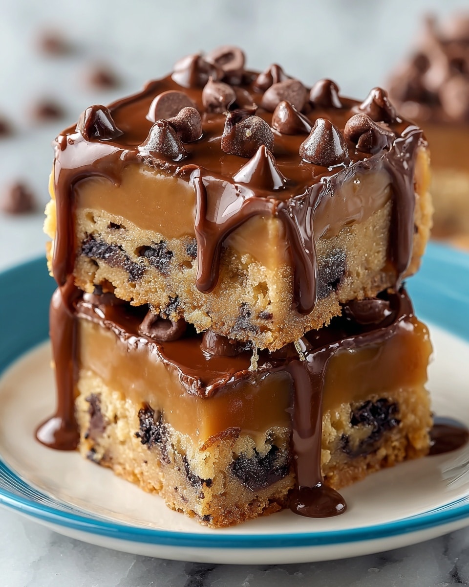 Two stacked dessert bars sit on a white plate with a smooth, shiny surface. Each bar has three clear layers: a bottom layer of light golden cookie dough mixed with dark chocolate chips, a thick middle layer of creamy, soft caramel with a slightly matte texture, and a top layer of glossy, dark chocolate sauce dripping down the sides. On top of the chocolate sauce are several plump, dark chocolate chips scattered evenly. The rich, gooey chocolate contrasts with the firm cookie base, creating a visually delicious treat. The background is a white marbled texture. photo taken with an iphone --ar 4:5 --v 7