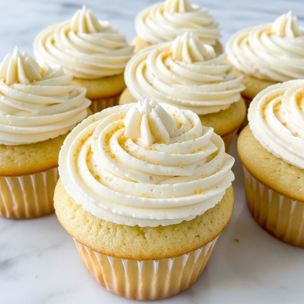 The image shows five vanilla cupcakes arranged closely together on a white marbled surface. Each cupcake has a smooth, pale yellow base with a slightly shiny texture. On top of the base is a thick swirl of creamy white frosting, piped in a circular pattern with soft peaks. The frosting is sprinkled lightly with fine golden crumbs, giving a subtle sparkle and texture contrast. The scene is brightly lit, highlighting the softness and freshness of the cupcakes. photo taken with an iphone --ar 4:5 --v 7