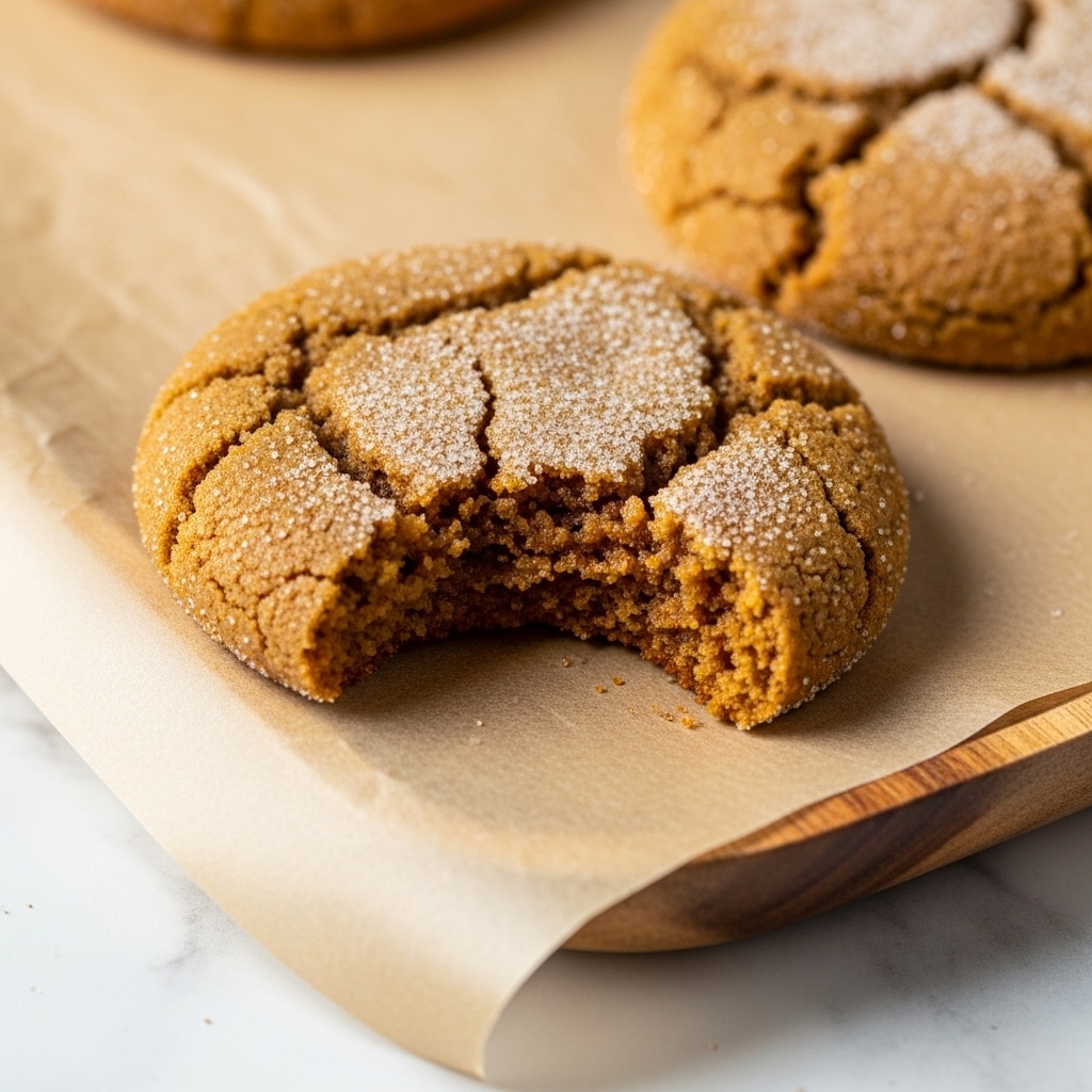A close-up image of two soft textured brown cookies with a sugar dusting on top, placed on light brown parchment paper over a wooden tray. The cookie in front has a bite taken from it, showing a slightly cracked surface and chewy inside, while the other cookie is whole, partially visible in the background. The overall color palette is warm with light browns and subtle shadows on a white marbled surface. Photo taken with an iphone --ar 4:5 --v 7