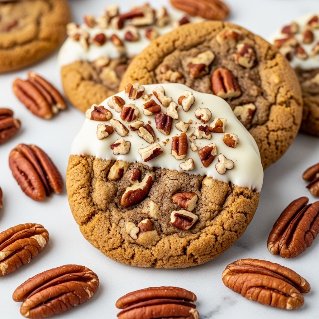 A close-up view of pecan cookies, each cookie thick and golden brown with visible pieces of pecans embedded throughout the dough. One cookie is half-dipped in smooth white chocolate, topped with small chopped pecan bits, creating a glossy off-white layer on one side. Whole pecan nuts surround the cookies on a white marbled textured surface, adding contrast with their deep reddish-brown color. The cookies have a slightly crumbly texture, with one overlapping another in the background. photo taken with an iphone --ar 4:5 --v 7
