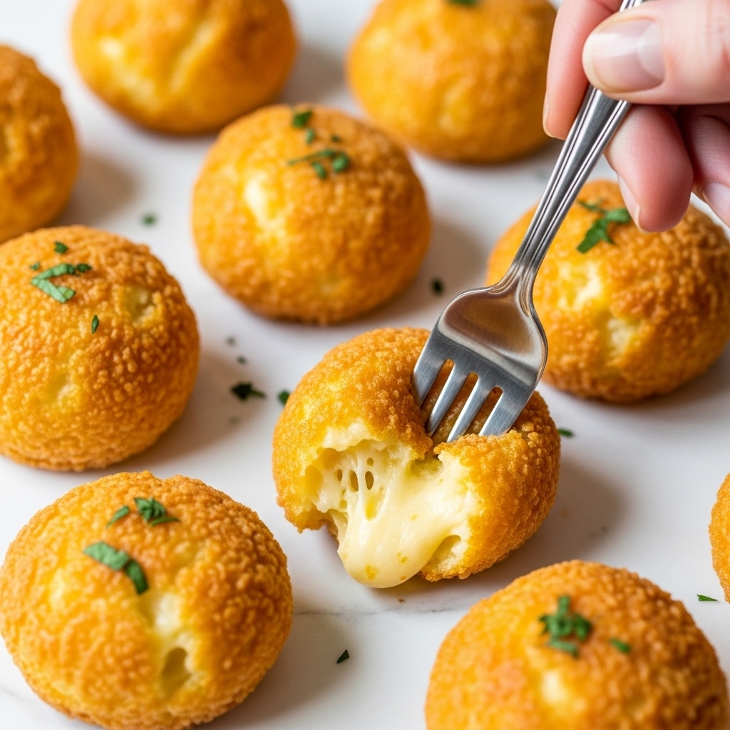 The image shows several small, round, golden-brown cheese balls placed closely together on a white marbled surface. Each cheese ball has a crispy outer layer with a slightly uneven texture, showing hints of melted cheese. One cheese ball is held by a woman's hand with a silver fork piercing into it, revealing a soft, gooey, and creamy light yellow interior with visible melted cheese strands. Small bits of green herbs are sprinkled on top of the cheese balls, adding a fresh color contrast. Photo taken with an iphone --ar 4:5 --v 7