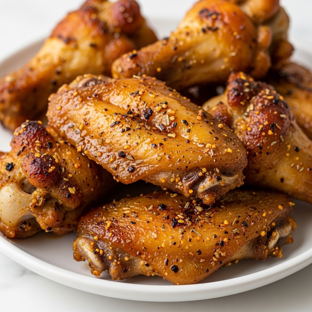 The image shows several grilled chicken wings stacked closely together on a white plate. The wings have a crispy texture with a golden brown and slightly charred surface, showing specks of black pepper and herbs. The skin looks well roasted with oily, shiny spots highlighting the spicy seasoning. In the background, there is a white marbled surface slightly blurred to keep focus on the wings. The composition is tight, making the wings look juicy and appetizing. Photo taken with an iphone --ar 4:5 --v 7