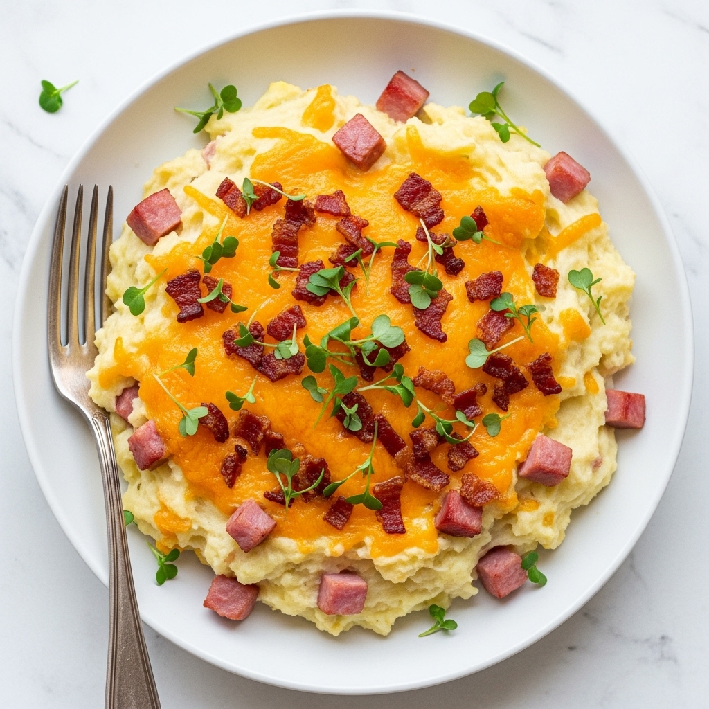 The dish is a creamy mashed potato casserole served in a white plate, showing a mix of mashed white potatoes and chunks of pink ham spread throughout. On top, there is a layer of melted golden cheese with crispy browned bits, along with small pieces of browned bacon adding a crunchy texture. The dish is garnished with small green herb sprigs, placed in the center and around the edges. A silver fork rests on the plate’s left side. The plate sits on a white marbled texture. photo taken with an iphone --ar 4:5 --v 7