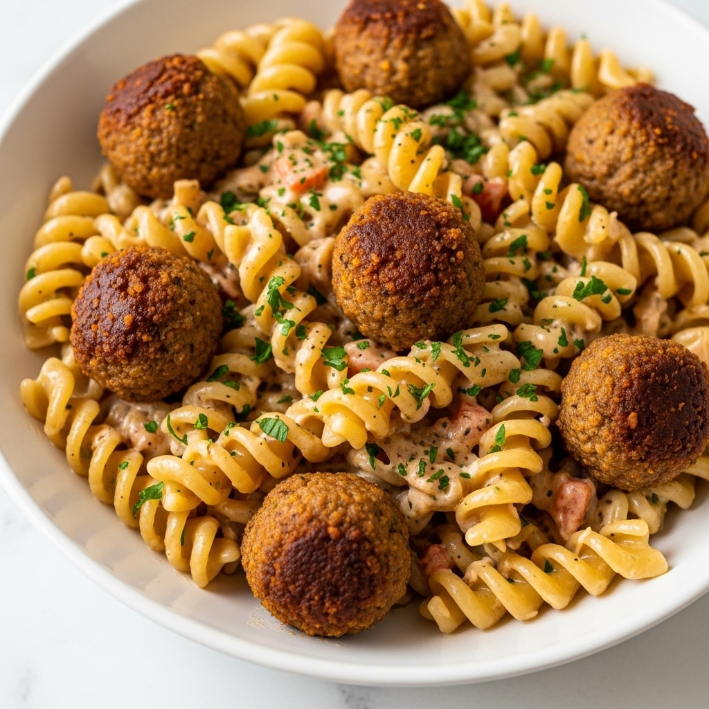 The image shows a close-up of a creamy pasta dish with wide spiral rotini noodles coated in a light brown sauce speckled with herbs and small red bits. Scattered among the pasta are browned meatballs with a crispy textured outer layer. Green herb bits are sprinkled on top, adding color contrast to the creamy sauce and pasta. The dish is served in a white bowl with a slight gloss on the sauce and parsley finely chopped and mixed throughout. The entire presentation is on a white marbled surface, giving a clean and bright background. photo taken with an iphone --ar 4:5 --v 7